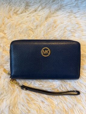 Michael Kors Navy Pebbled Leather Zip Long Wallet with Gold Logo